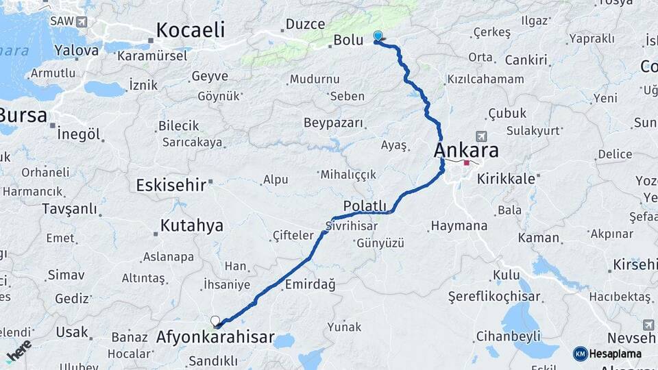 Bolu Yeniçağa Afyonkarahisar Arası Kaç Km - Yol Haritası