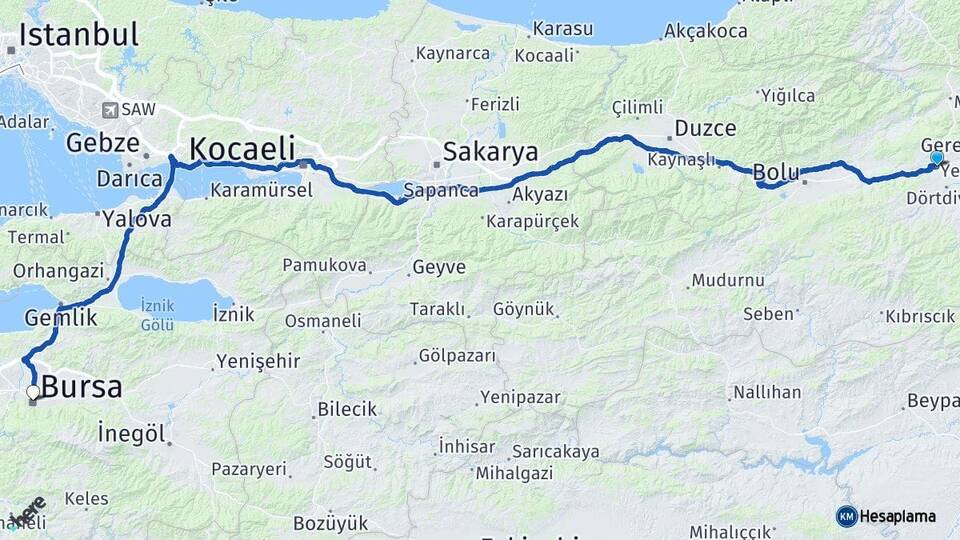Bolu Yeniçağa Bursa Arası Kaç Km - Yol Haritası