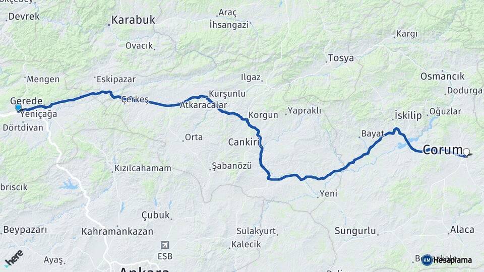 Bolu Yeniçağa Çorum Arası Kaç Km - Yol Haritası
