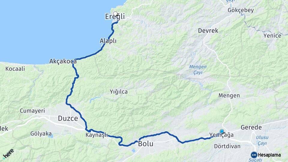 Bolu Yeniçağa Ereğli Zonguldak Arası Kaç Km - Yol Haritası