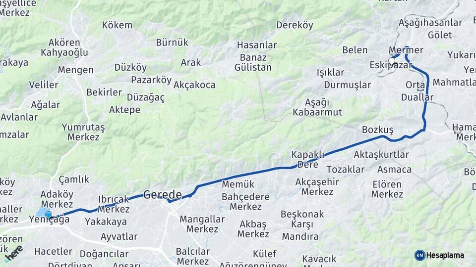 Bolu Yeniçağa Eskipazar Karabük Arası Kaç Km - Yol Haritası