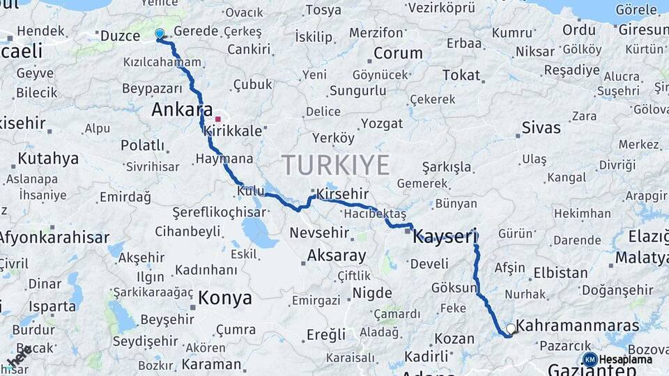 Bolu Yeniçağa Kahramanmaraş Arası Kaç Km - Yol Haritası