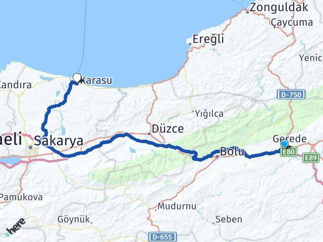 Bolu Yeniçağa Karasu Sakarya Arası Kaç Km - Yol Haritası