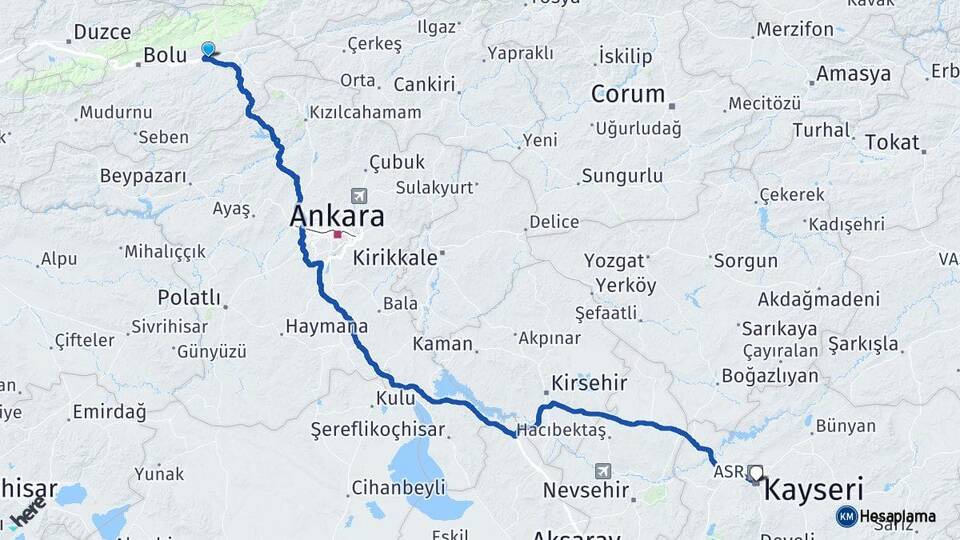 Bolu Yeniçağa Kayseri Arası Kaç Km - Yol Haritası