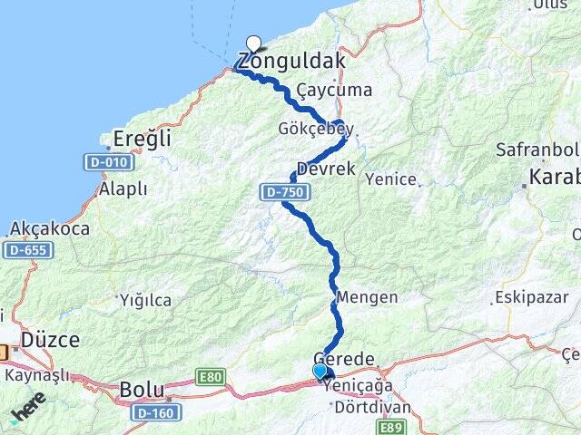 Bolu Yeniçağa Kilimli Zonguldak Arası Kaç Km - Yol Haritası