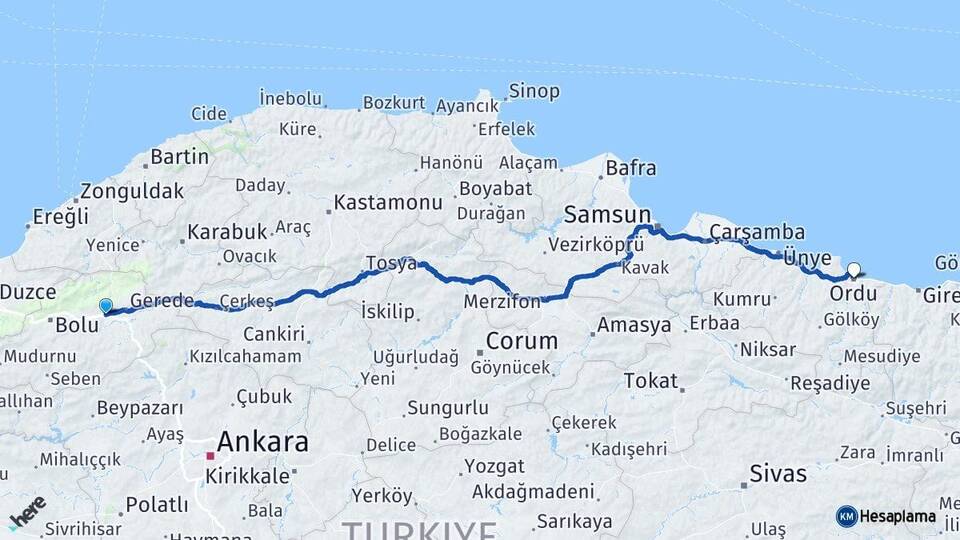 Bolu Yeniçağa Ordu Arası Kaç Km - Yol Haritası