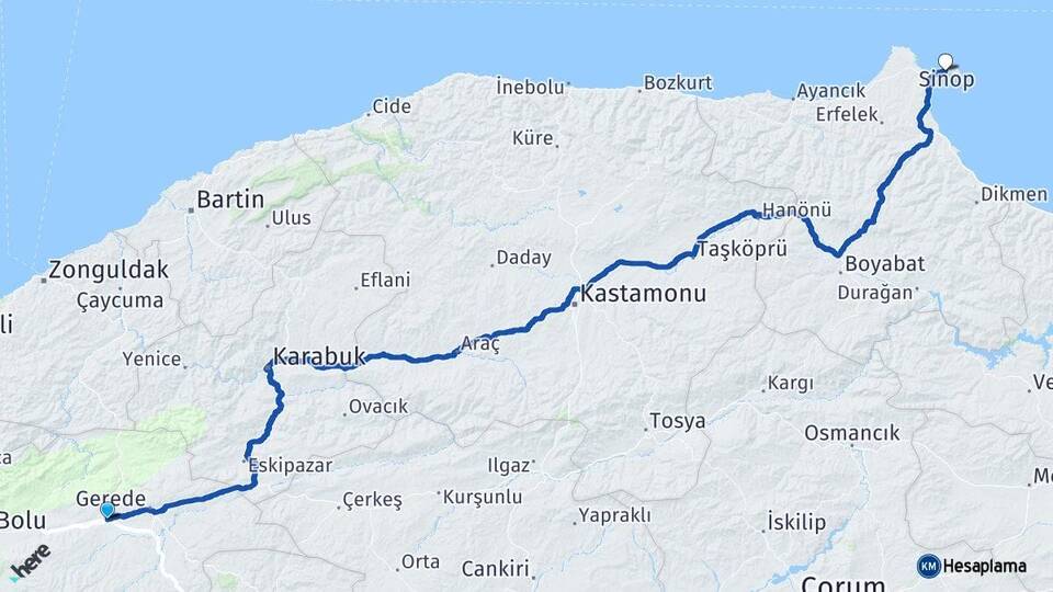 Bolu Yeniçağa Sinop Arası Kaç Km - Yol Haritası