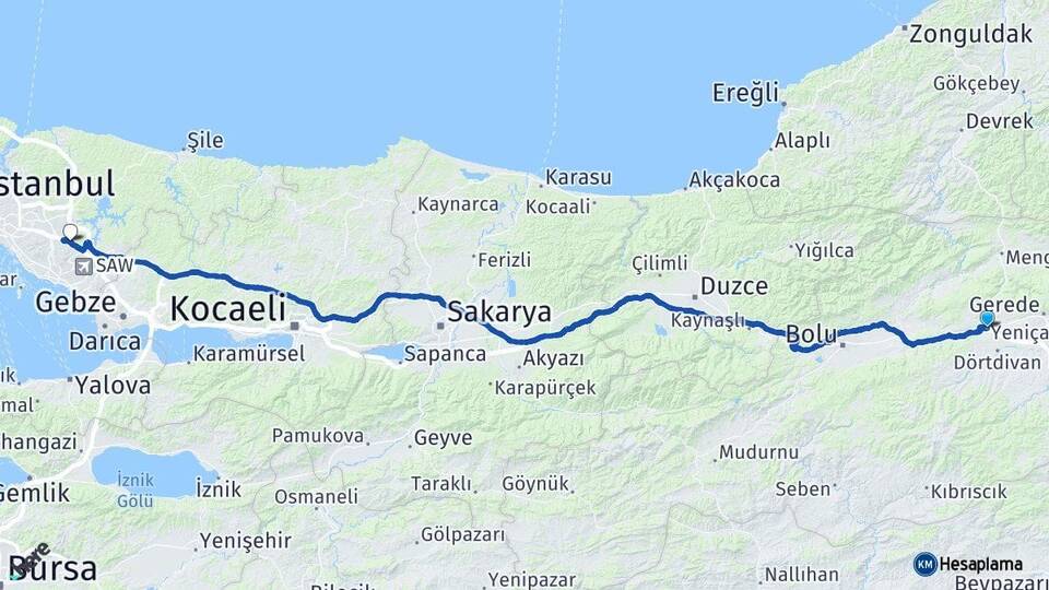 Bolu Yeniçağa Sultanbeyli İstanbul Arası Kaç Km - Yol Haritası