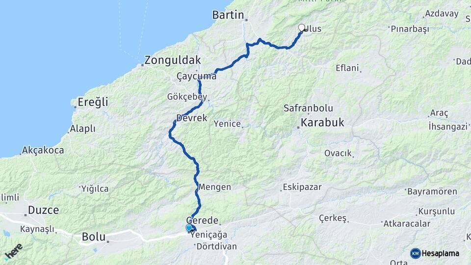 Bolu Yeniçağa Ulus Bartın Arası Kaç Km - Yol Haritası