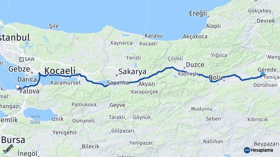 Bolu Yeniçağa Yalova Arası Kaç Km - Yol Haritası