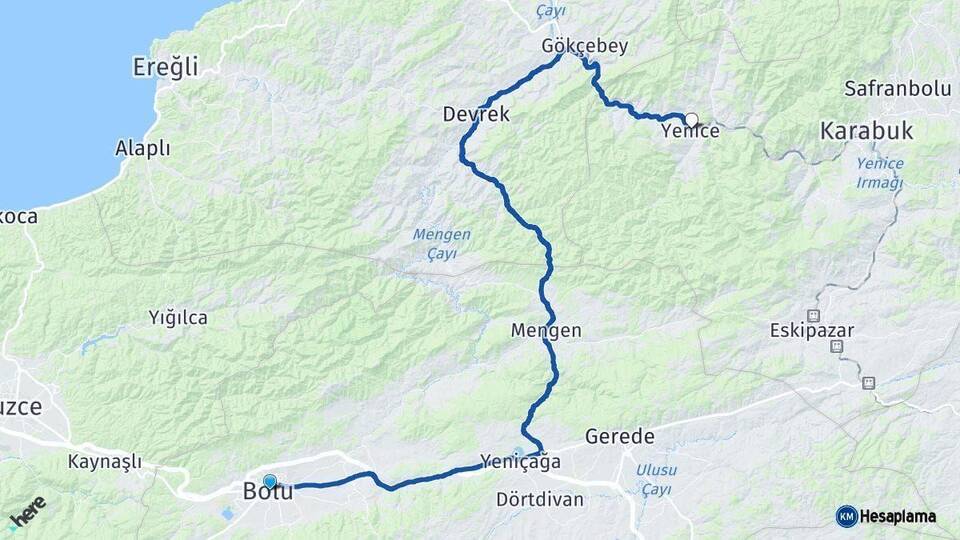 Bolu Yenice Karabük Arası Kaç Km - Yol Haritası