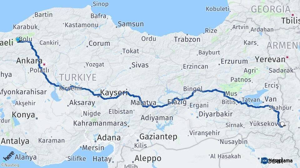 Bolu Yüksekova Hakkari Arası Kaç Km - Yol Haritası