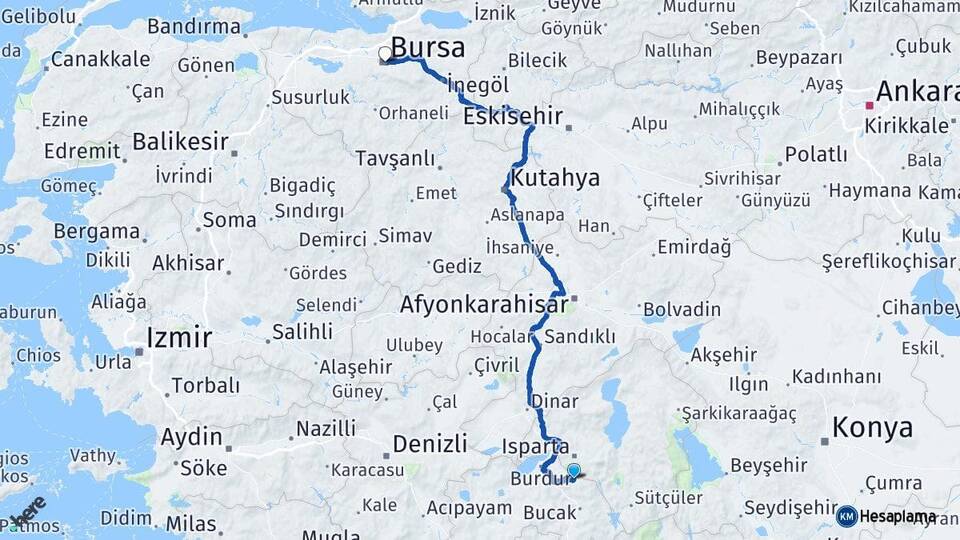 Burdur Ağlasun Bursa Arası Kaç Km - Yol Haritası