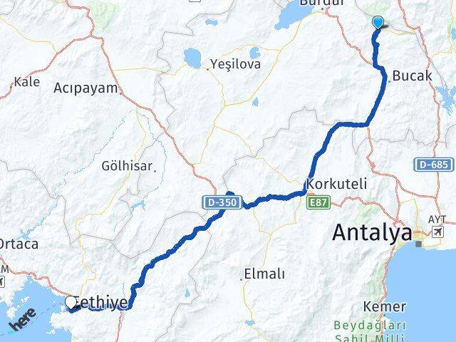 Burdur Ağlasun Fethiye Muğla Arası Kaç Km - Yol Haritası