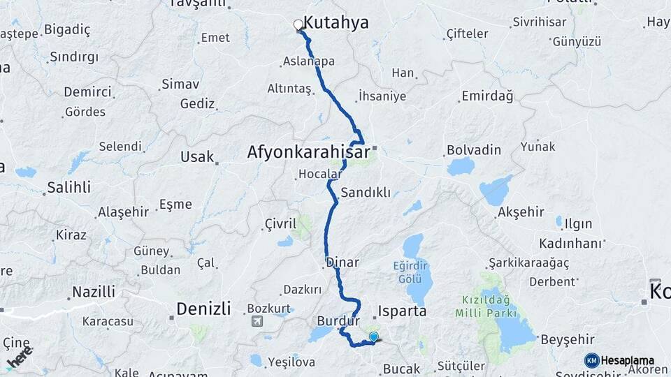 Burdur Ağlasun Kütahya Arası Kaç Km - Yol Haritası