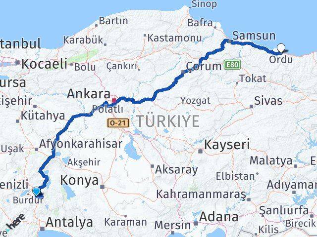 Burdur Ağlasun Ordu Arası Kaç Km - Yol Haritası