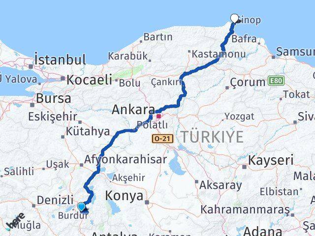 Burdur Ağlasun Sinop Arası Kaç Km - Yol Haritası