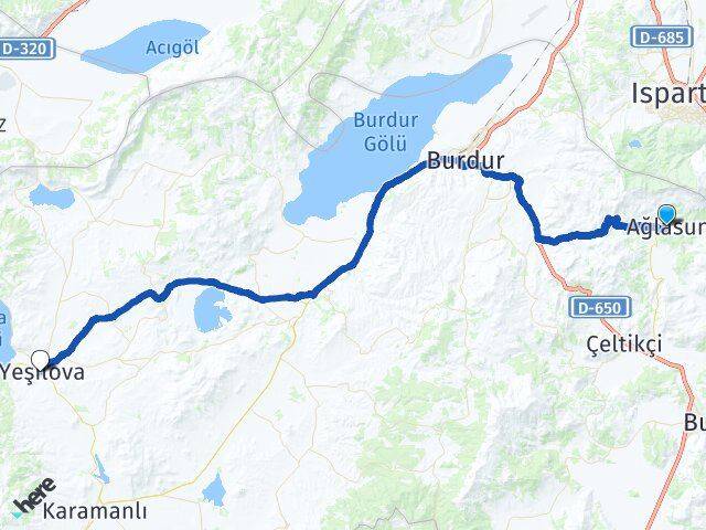 Burdur Ağlasun Yeşilova Arası Kaç Km - Yol Haritası