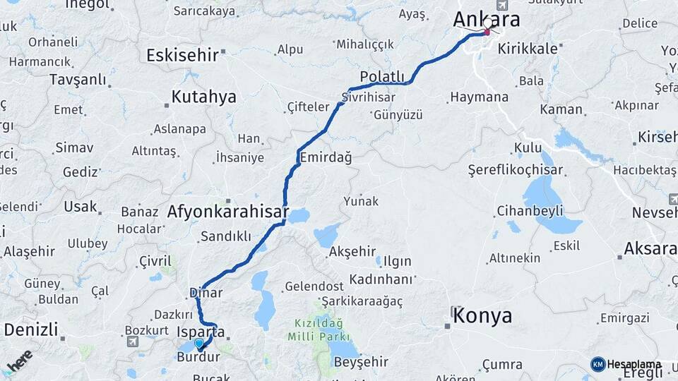 Burdur Altındağ Ankara Arası Kaç Km - Yol Haritası