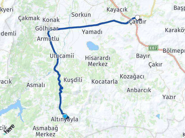 Burdur Altınyayla Çavdır Arası Kaç Km - Yol Haritası