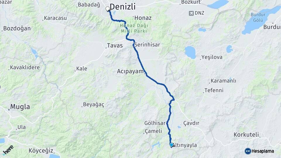 Burdur Altınyayla Denizli Arası Kaç Km - Yol Haritası