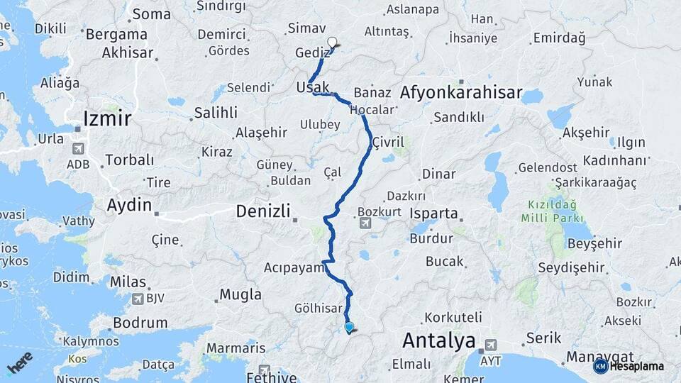 Burdur Altınyayla Gediz Kütahya Arası Kaç Km - Yol Haritası