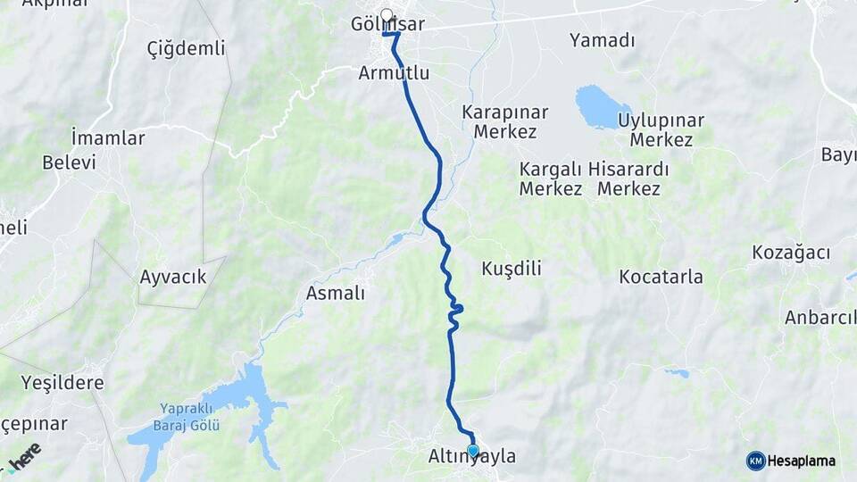 Burdur Altınyayla Gölhisar Arası Kaç Km - Yol Haritası