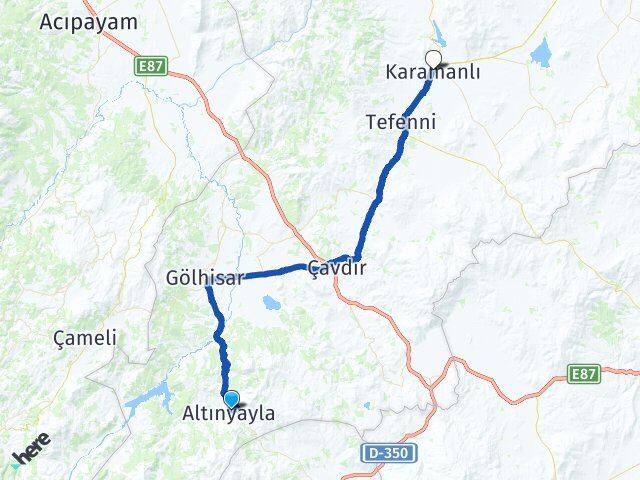 Burdur Altınyayla Karamanlı Arası Kaç Km - Yol Haritası