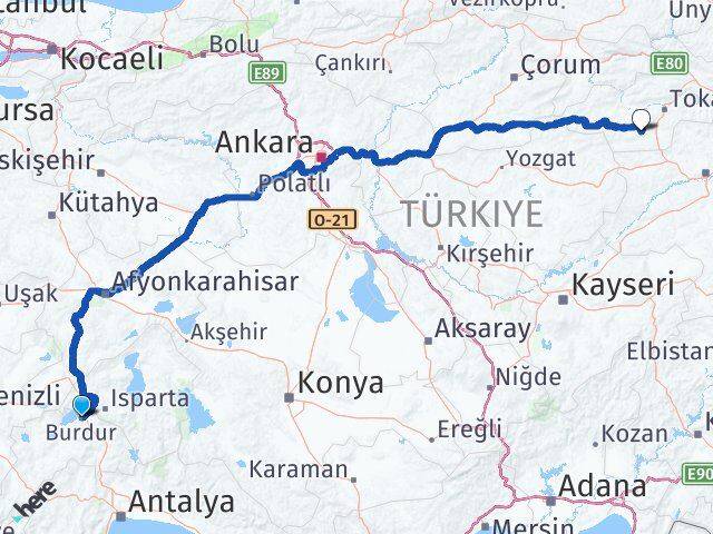 Burdur Artova Tokat Arası Kaç Km - Yol Haritası