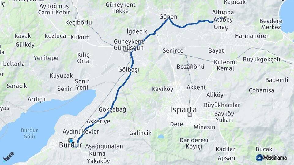 Burdur Atabey Isparta Arası Kaç Km - Yol Haritası