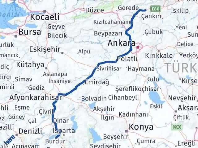 Burdur Atkaracalar Çankırı Arası Kaç Km - Yol Haritası