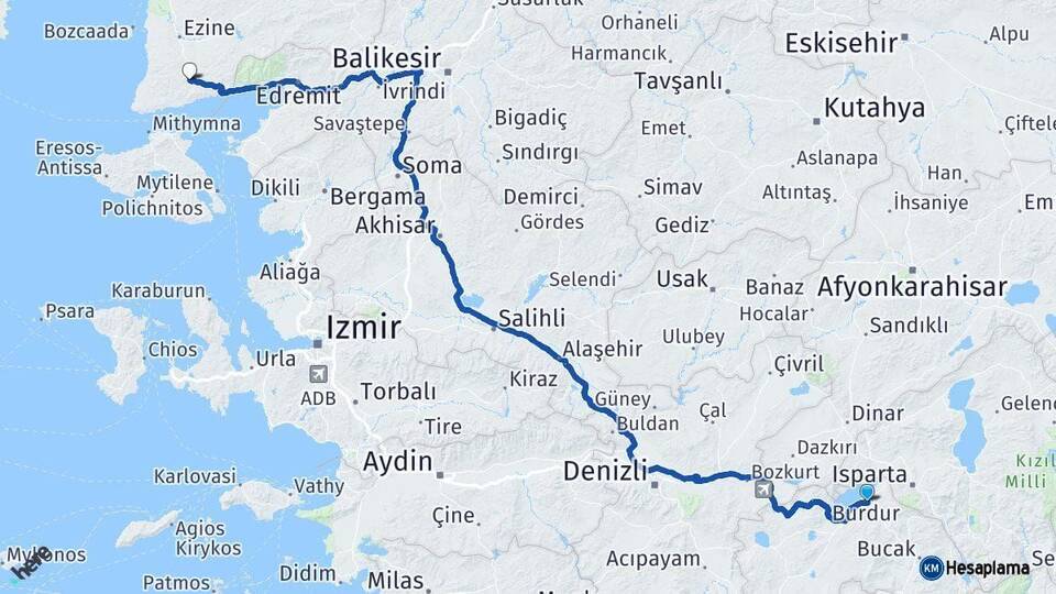 Burdur Ayvacık Çanakkale Arası Kaç Km - Yol Haritası