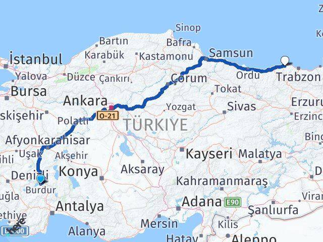 Burdur Beşikdüzü Trabzon Arası Kaç Km - Yol Haritası