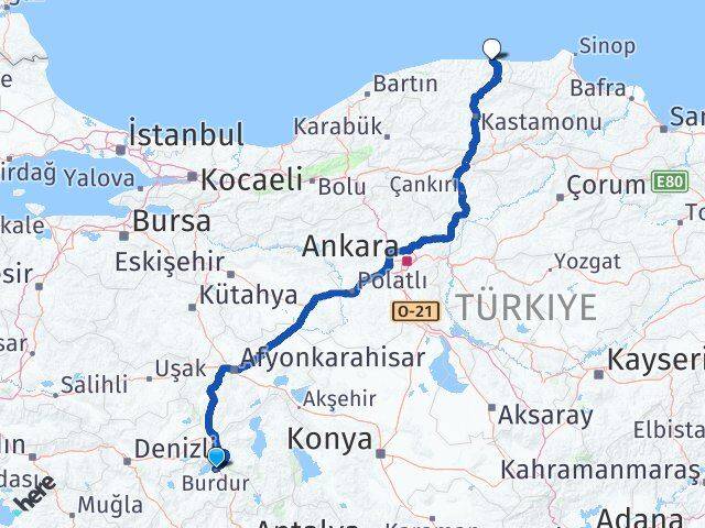 Burdur Bozkurt Kastamonu Arası Kaç Km - Yol Haritası