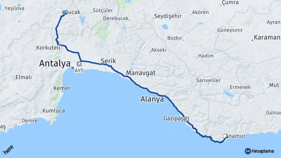 Burdur Bucak Anamur Mersin Arası Kaç Km - Yol Haritası