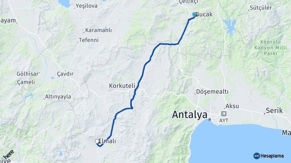 Burdur Bucak Elmalı Antalya Arası Kaç Km - Yol Haritası