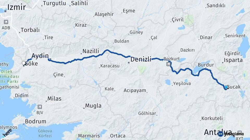 Burdur Bucak Söke Aydın Arası Kaç Km - Yol Haritası