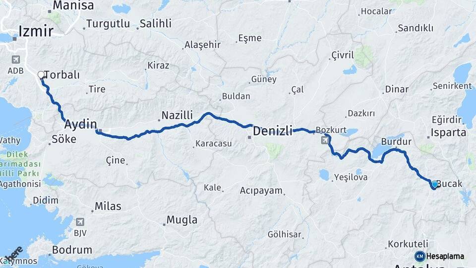 Burdur Bucak Torbalı İzmir Arası Kaç Km - Yol Haritası
