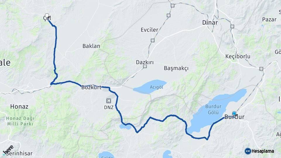 Burdur Çal Denizli Arası Kaç Km - Yol Haritası