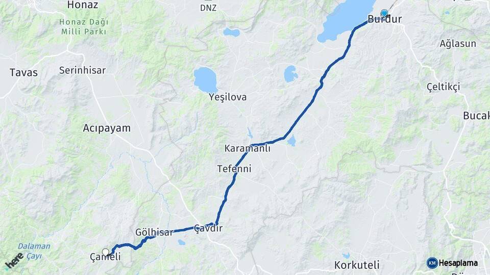 Burdur Çameli Denizli Arası Kaç Km - Yol Haritası
