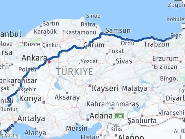 Burdur Çamlıhemşin Rize Arası Kaç Km - Yol Haritası