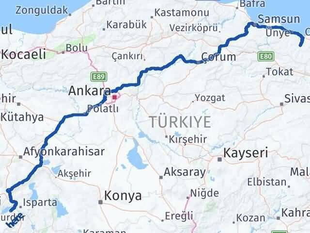 Burdur Çatalpınar Ordu Arası Kaç Km - Yol Haritası