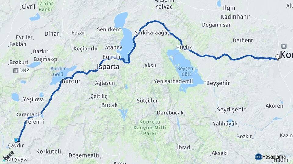 Burdur Çavdır Konya Arası Kaç Km - Yol Haritası