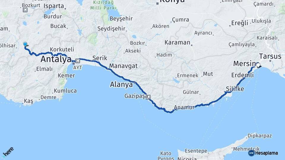 Burdur Çavdır Mersin Arası Kaç Km - Yol Haritası