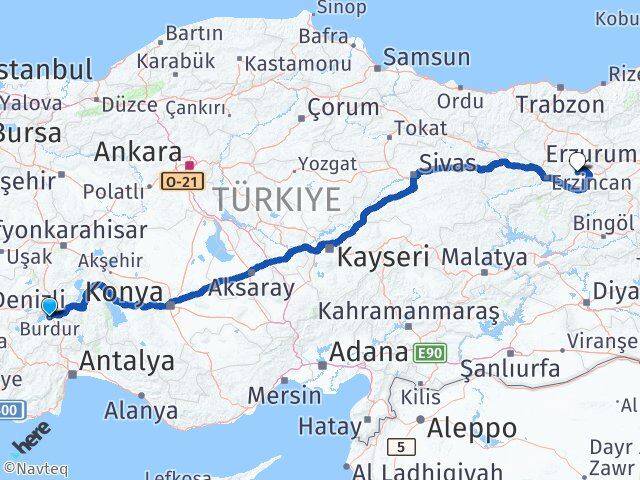 Burdur Çayırlı Erzincan Arası Kaç Km - Yol Haritası