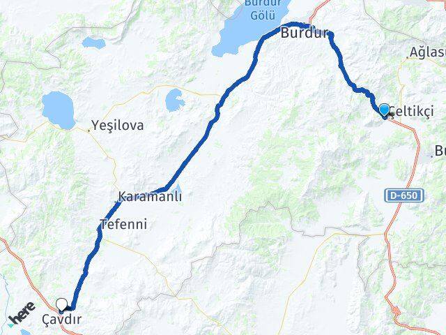 Burdur Çeltikçi Çavdır Arası Kaç Km - Yol Haritası