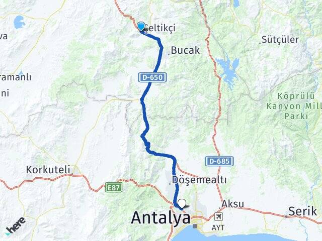 Burdur Çeltikçi Kepez Antalya Arası Kaç Km - Yol Haritası