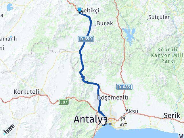 Burdur Çeltikçi Konyaaltı Antalya Arası Kaç Km - Yol Haritası