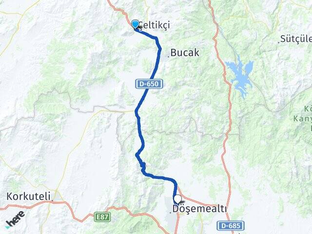 Burdur Çeltikçi Yeniköy Döşemealtı Antalya Arası Kaç Km - Yol Haritası