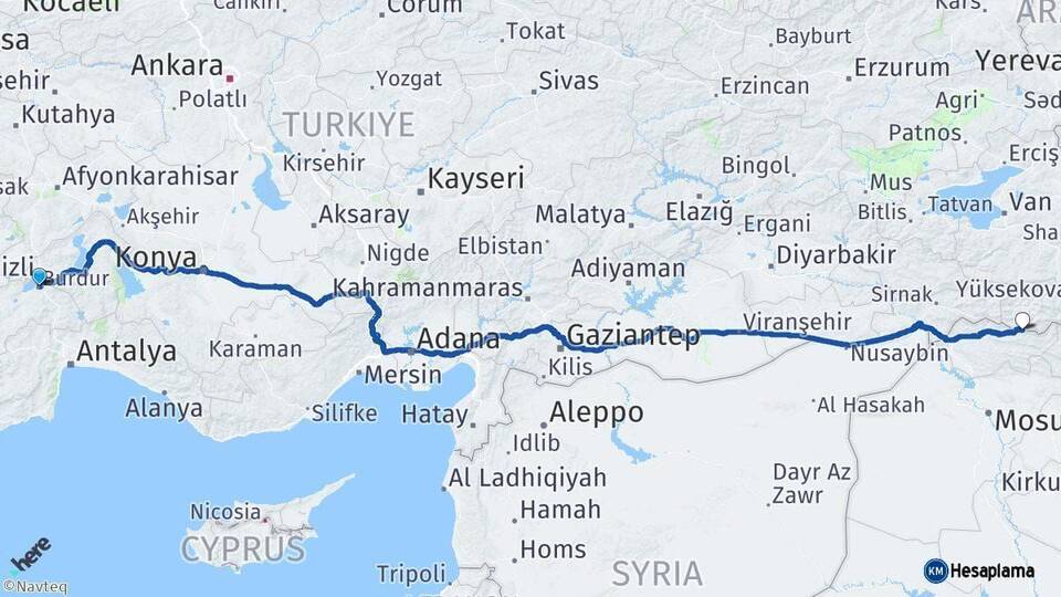 Burdur Çukurca Hakkari Arası Kaç Km - Yol Haritası